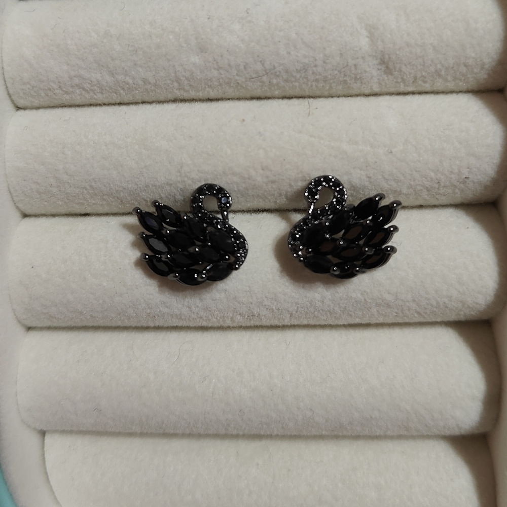 Black Crystal Swan Statement Earrings - Picture 2 of 2